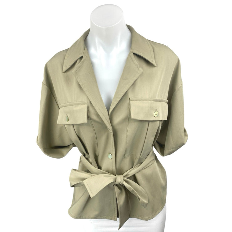 Zara Women's Olive Green Half Sleeve Belted Pockets Button Down Shirt Top Size S