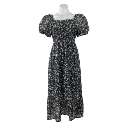 TAONAI Women's Black Short Puff Sleeves Floral Smocked Flowy A-line Midi Dress M