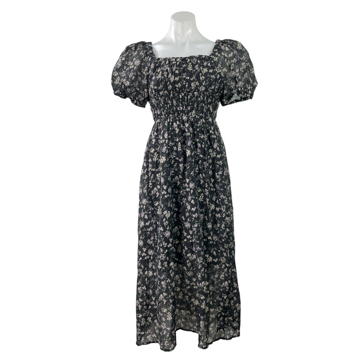 TAONAI Women's Black Short Puff Sleeves Floral Smocked Flowy A-line Midi Dress M