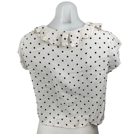 MNG Mango White Black Polka Dot Ruffle Short Sleeve Cropped Blouse Top Size 8