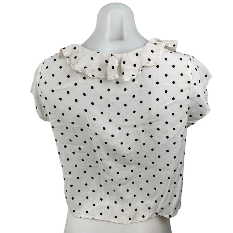 MNG Mango White Black Polka Dot Ruffle Short Sleeve Cropped Blouse Top Size 8