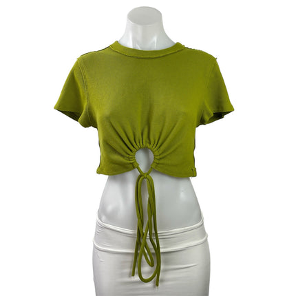 Free People We The Free Green Waffle Knit Tie Front Short Sleeve Crop Top Size L