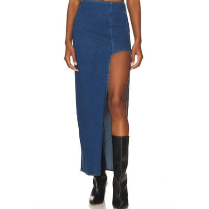 Line & Dot Women's Blue High Waisted High Side Slit Maxi Denim Jean Skirt Sz S