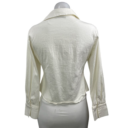 Zara Womens White Linen Long Sleeve Ruched Collared Button Down Shirt Top Size L