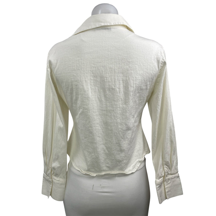 Zara Womens White Linen Long Sleeve Ruched Collared Button Down Shirt Top Size L