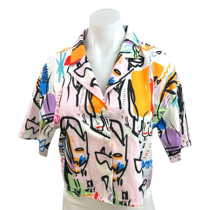 Shein Multicolor Graffiti Print Button Down Short Sleeve Crop Shirt Blouse Top S