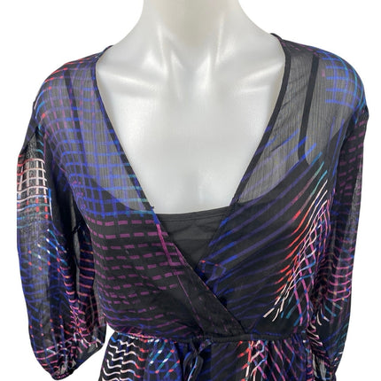 DKNY Blue Multicolor Striped Long Balloon Sleeve Sheer Peplum Wrap Blouse Top S