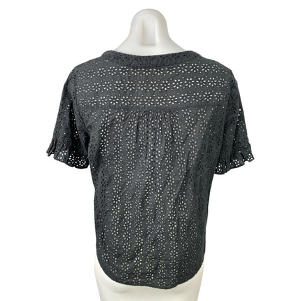 Madewell Eyelet Village Black Ruffled Short Sleeve Button Up Shirt Blouse Top S