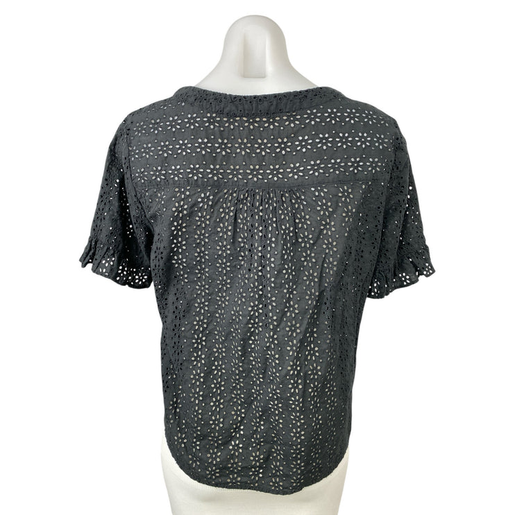 Madewell Eyelet Village Black Ruffled Short Sleeve Button Up Shirt Blouse Top S
