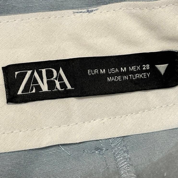 Zara Women's Blue Linen High Waisted Pleated Wide Leg Trousers Pants Size M