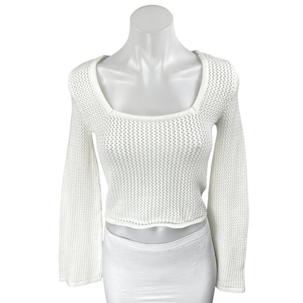 Hollister White Square Neck Open Knit Crochet Long Sleeve Crop Sweater Top Sz S