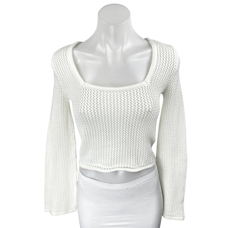 Hollister White Square Neck Open Knit Crochet Long Sleeve Crop Sweater Top Sz S