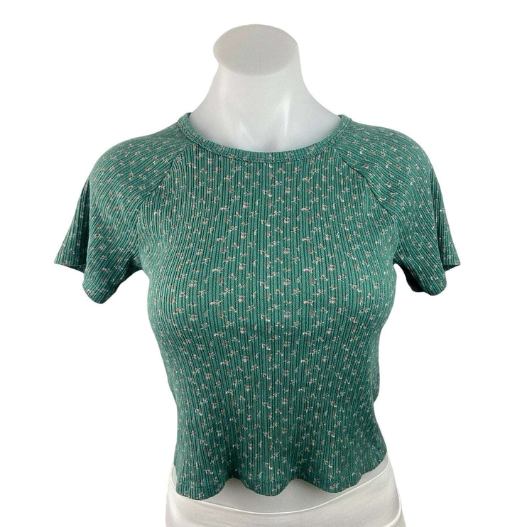 American Eagle Green Floral Print Crewneck Short Sleeve Ribbed Knit Crop Top M