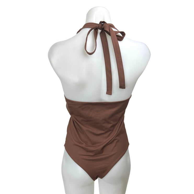 NEW Reoria Women's Brown Halter Sleeveless Plunging One Piece Bodysuit Top Sz M