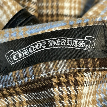 Chrome Hearts Brown Plaid Flannel Leather Cross Patch Button Down Shirt Top Sz L