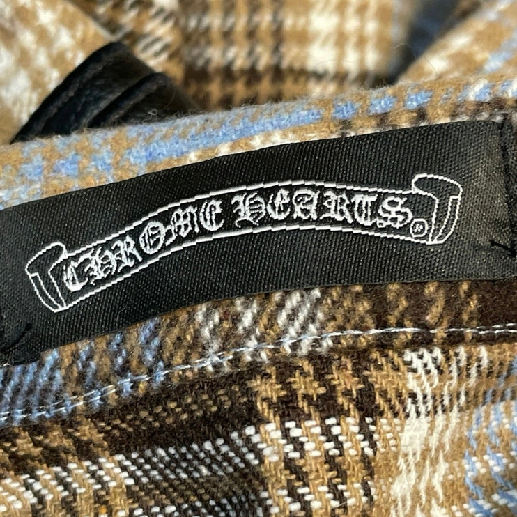 Chrome Hearts Brown Plaid Flannel Leather Cross Patch Button Down Shirt Top Sz L