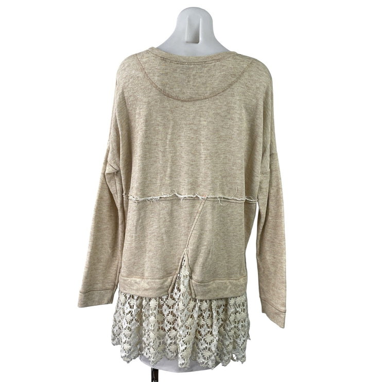 Free People Shake It Cream Crochet Lace Hem Beach Pullover Sweater Tunic Top M/L