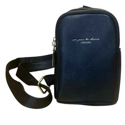 Un Jour De Chance Black Faux Vegan Leather Small Phone Crossbody Sling Bag OS