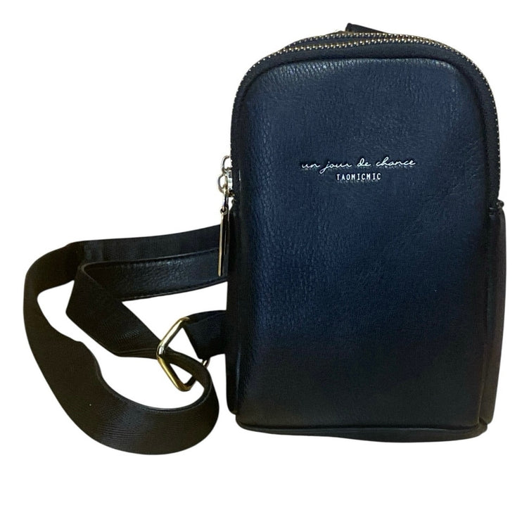 Un Jour De Chance Black Faux Vegan Leather Small Phone Crossbody Sling Bag OS