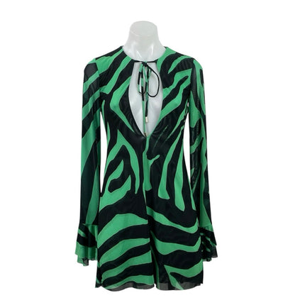AFRM Green Black Zebra Long Sleeve Mesh Plunge Tie A Line Mini Dress Size XS