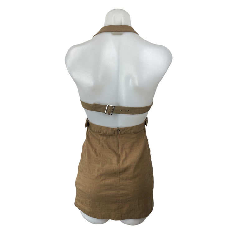 Zara Women's Tan Buckle Strap Halter Sleeveless Square Neck Mini Bodycon Dress S