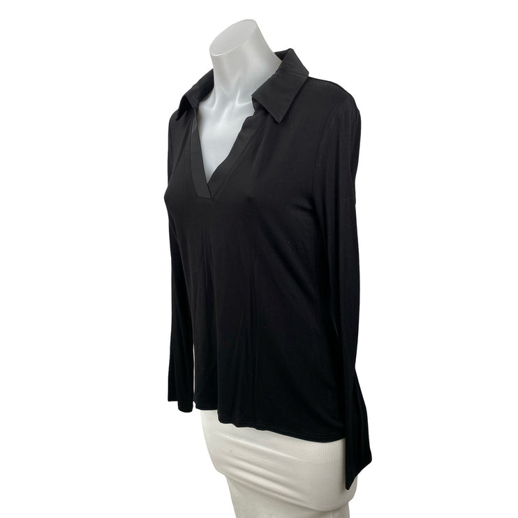 Halogen Women's Black Collared V Neck Long Sleeve Slim Fit Shirt Blouse Top Sz M