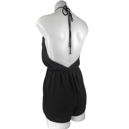Ecote Black Halter Sleeveless Open Back Deep V Neck Pom Pom Romper Shorts Size M