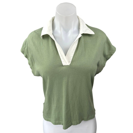 Madewell Green White Collared Cap Sleeve Loose Casual Polo Shirt Top Size S