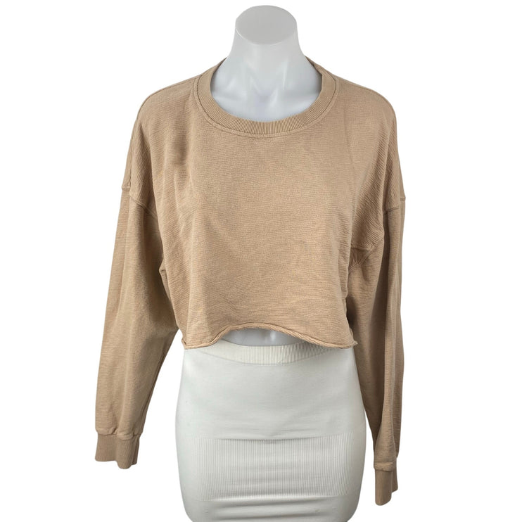 Mono B Women's Tan Crew Neck Knit Long Sleeve Cropped Sweatshirt Top Size M