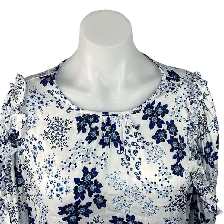 Ann Taylor LOFT Blue Floral Ruffle Puff Sleeve Round Neck Blouse Top Size M