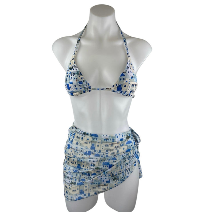 NEW Jimmi Blue Santorini Graphic Print Halter Cover Up Two Piece Bikini Set Sz M