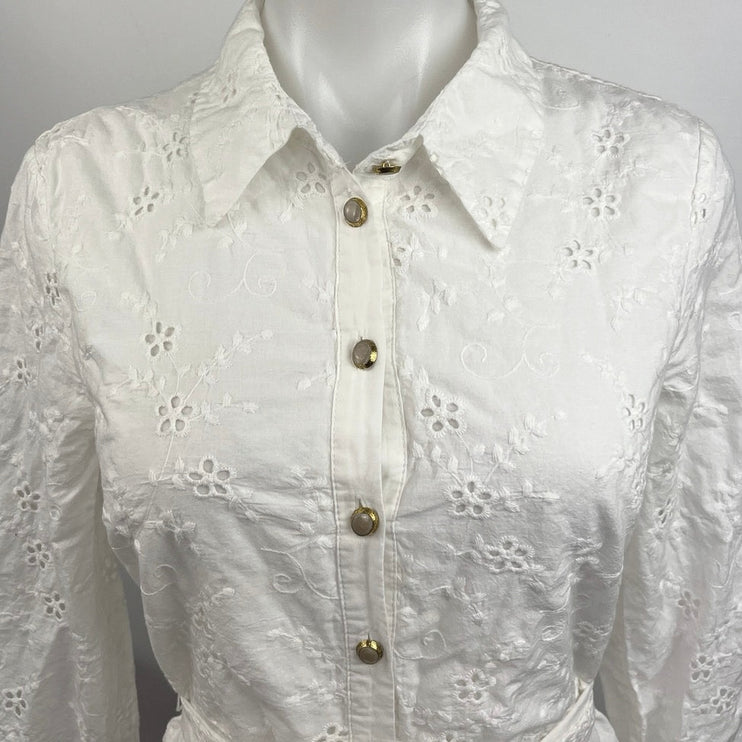 Zara White Collared Floral Embroidered Long Sleeve Mini Shirt Dress Size M