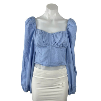 NEW & Other Stories Blue Linen Puff Sleeve Smocked Slim Crop Corset Blouse Top 8
