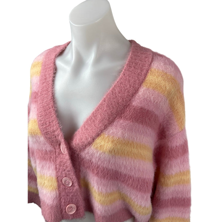 L Space Pink Yellow Striped Long Sleeve Cropped Button Up Cardigan Sweater XS