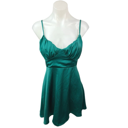 Endless Blu Green Silk Satin Spaghetti Cami Camisole Mini Fit & Flare Dress Sz S