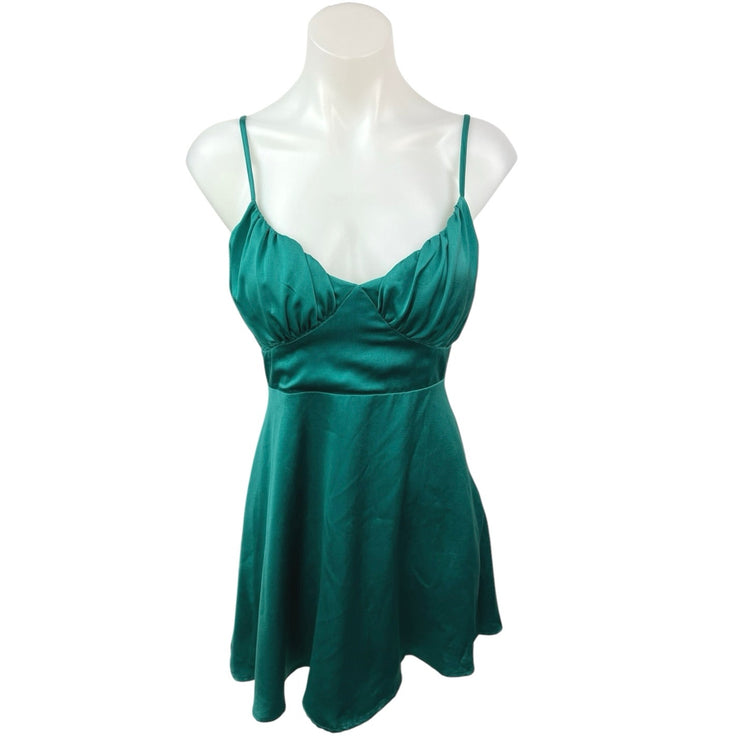 Endless Blu Green Silk Satin Spaghetti Cami Camisole Mini Fit & Flare Dress Sz S