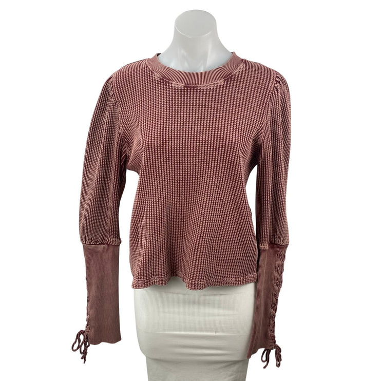Free People FP One Wesley Maroon Waffle Knit Lace Long Sleeve Thermal Sweater M