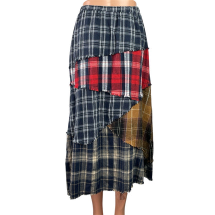 Minga London Multicolor Plaid Patchwork Asymmetric Slit Maxi A-line Skirt Size M