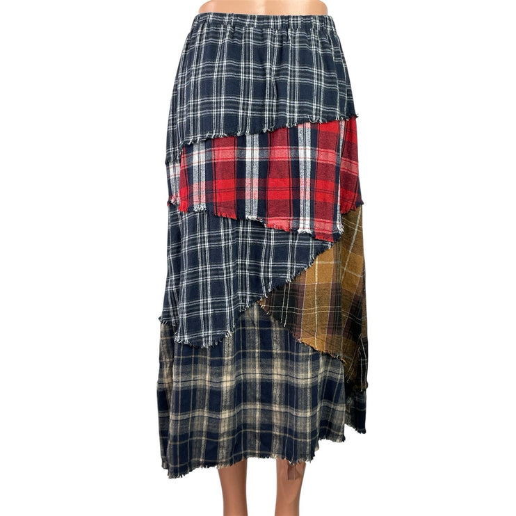 Minga London Multicolor Plaid Patchwork Asymmetric Slit Maxi A-line Skirt Size M