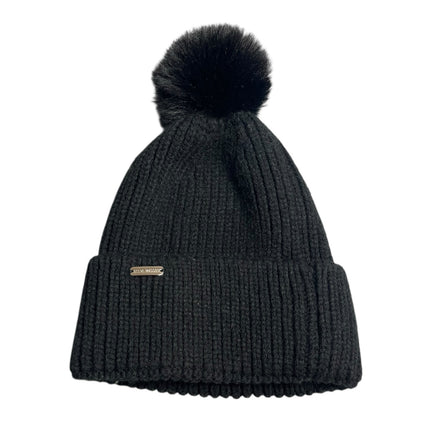 Steve Madden Black Rib Knit Cuffed Pom Pom Winter Snow Beanie Cap Hat One Size