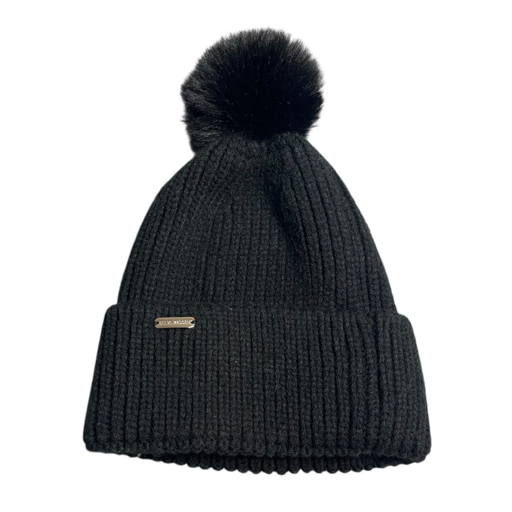 Steve Madden Black Rib Knit Cuffed Pom Pom Winter Snow Beanie Cap Hat One Size