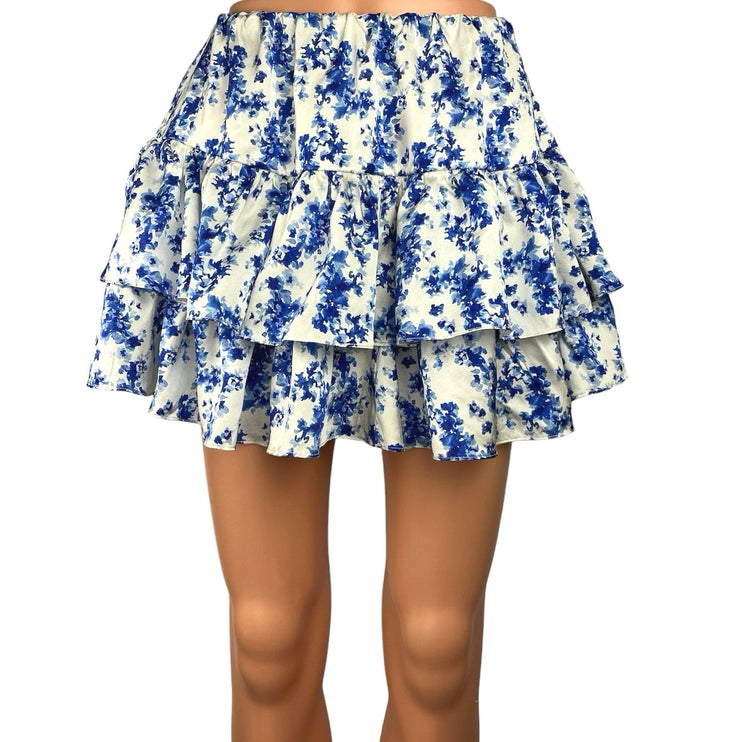 Caroline Constas Anabelle White Blue Floral Tiered Ruffled Mini A-Line Skirt M