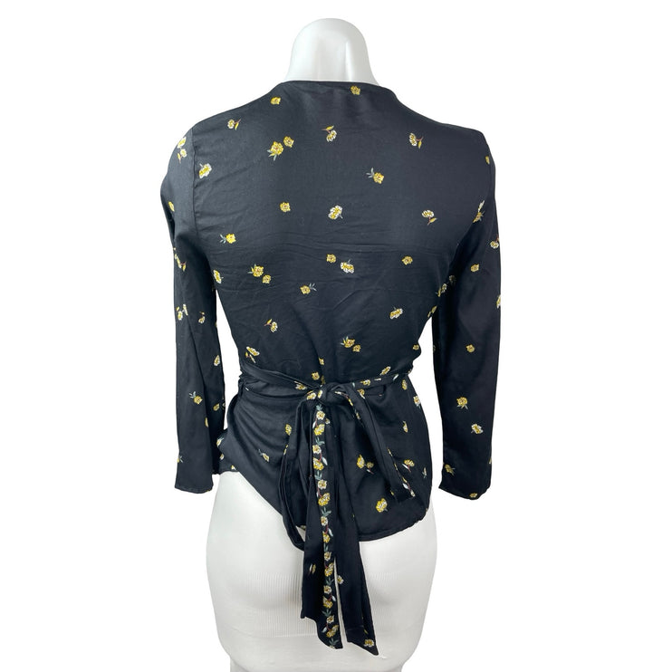 Zara Women's Black Floral Long Sleeve V Neck Tie Wrap Peplum Blouse Top Size M