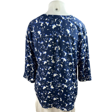 Talbots Women's Navy Blue Floral Half Sleeve Notch Neck Shirt Blouse Top Size XL
