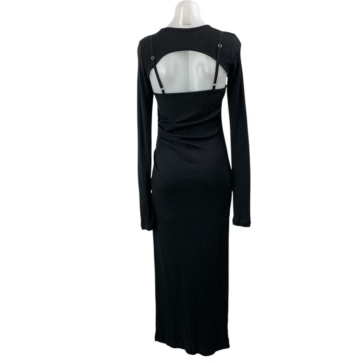 Helmut Lang Black Long Sleeves Upper Back Cutout Ribbed Maxi Bodycon Dress Sz S