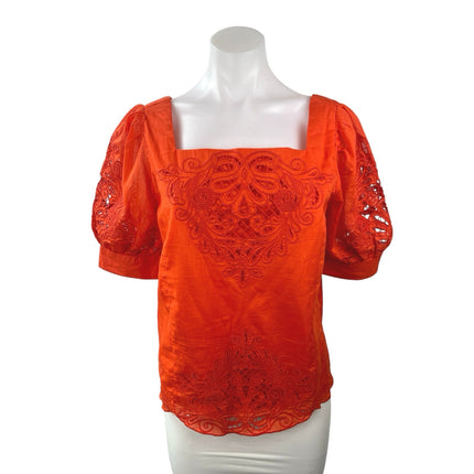 Anthropologie Women's Coral Lace Embroidered Short Puff Sleeve Blouse Top Size S