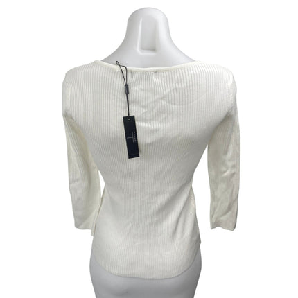 NEW T Tahari Ivory Boat Neck Gold Metal Chain Rib Knit 3/4 Sleeve Cutout Top S