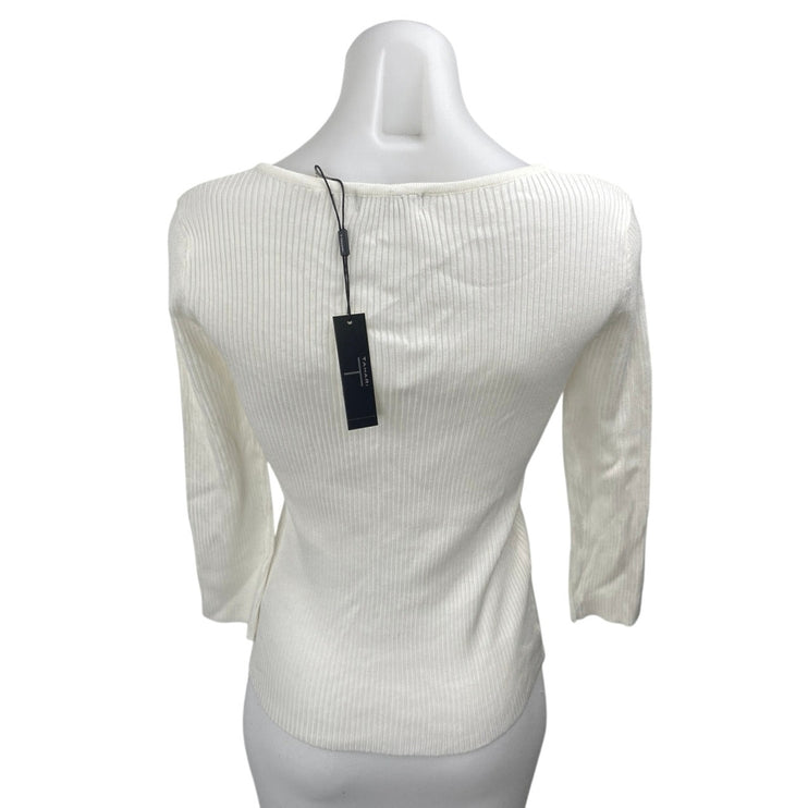 NEW T Tahari Ivory Boat Neck Gold Metal Chain Rib Knit 3/4 Sleeve Cutout Top S