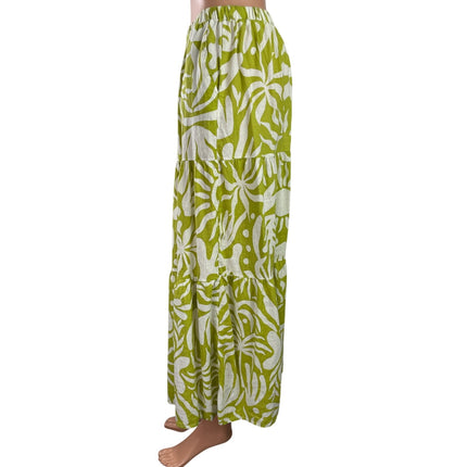 Christian Siriano Womens Green Floral Elastic Waist Tiered Midi A-Line Skirt L