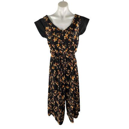 Nicole Miller Black Floral V Neck Short Sleeve Wide Leg Romper Jumpsuit Size M